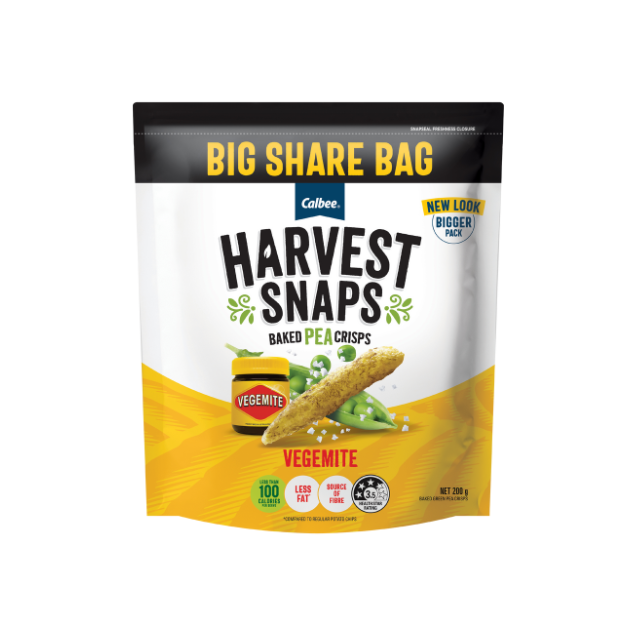 Calbee Australia - Harvest Snap Baked Pea Crisps Vegemite 200g.png