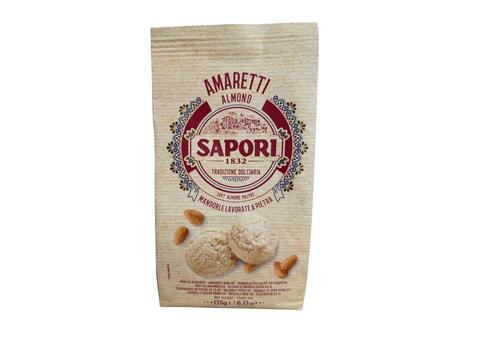 A plastic bag package labelled Sapori Soft Amaretti Biscuits 175g
