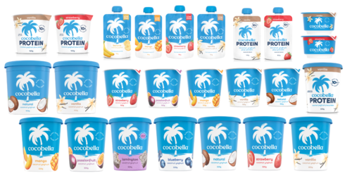 Multiple yoghurt containers branded with cocobella