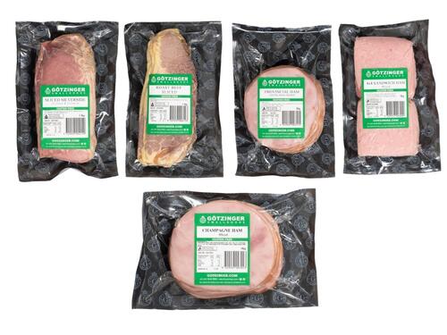 Five plastic packages labelled Gotzinger Sliced Silverside 1kg, Gotzinger Roat Beef Sliced 1kg, Gotzinger Provincial Ham 1kg, Gotzinger 4 x 4 Sandwich Ham Sliced 1kg, Gotzinger Champagne Ham Sliced1kg