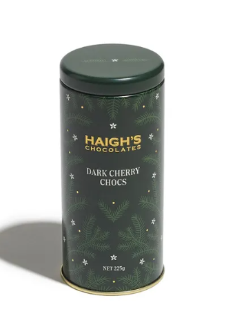A dark green tin labelled Haigh's Chocolates Dark Cherry Chocs 225g