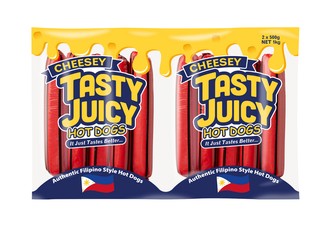 Red and Yellow Package with Cheesey Tasty Juicy in yellow text 